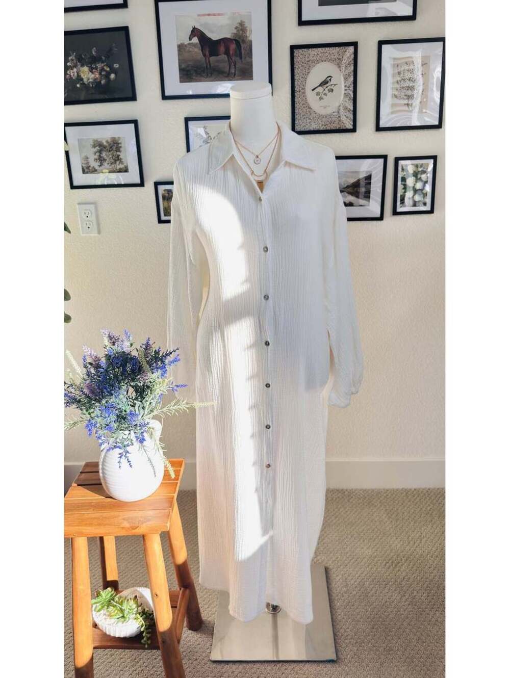 Boutique White Cotton Gauze Button Down Midi Dress - Size M - Picture 7 of 9